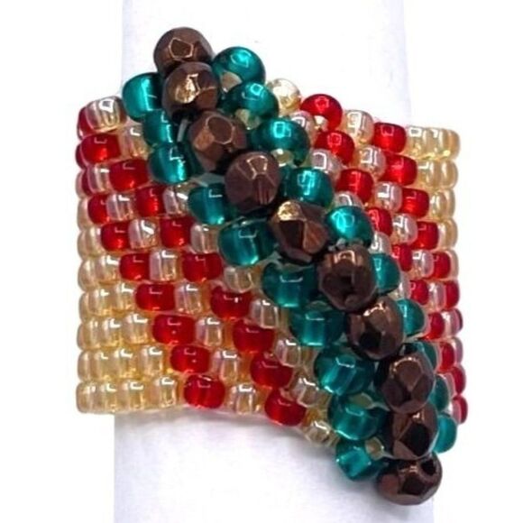 Cream with Turquoise and Bronze Crystal Cellini Spiral Statement Ring Size 7 - Picture 1 of 6